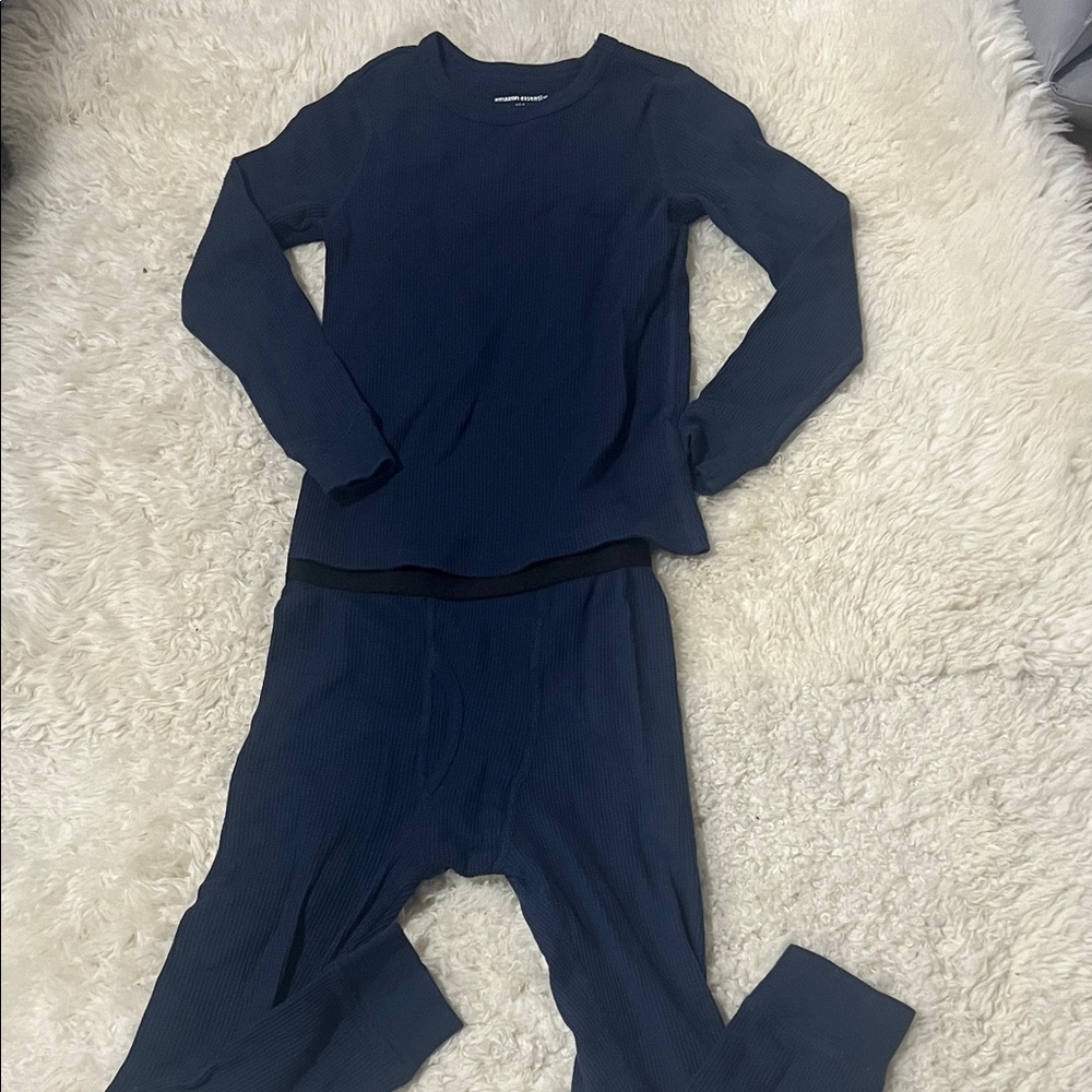 Kids Thermal Navy Waffle Knit Liner/Pajamas Set 6-7